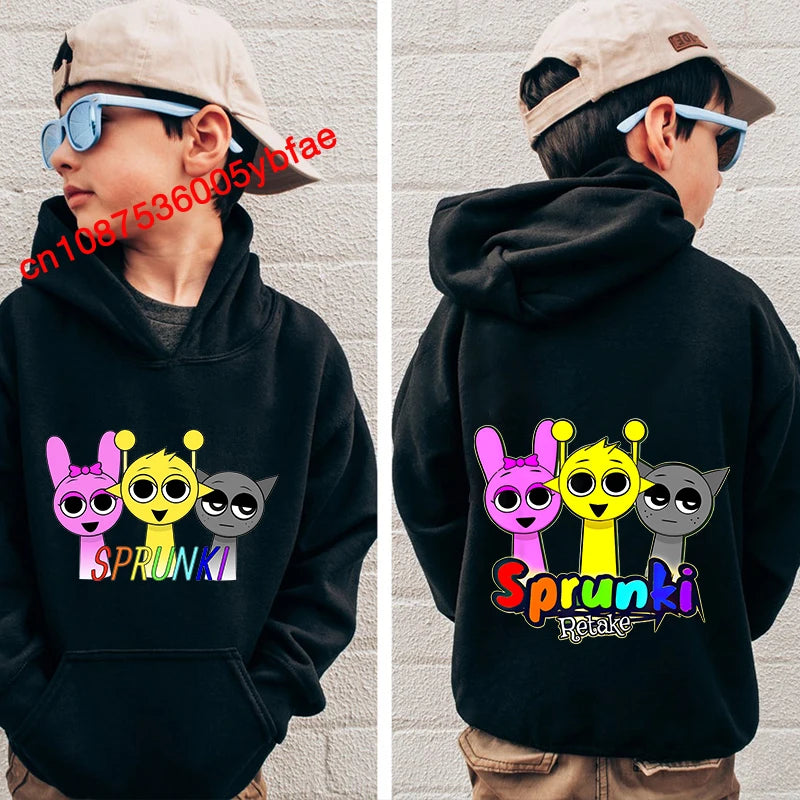 Cartoon Sprunki print kids hoodie black sports sweater casual children's clothing for boys