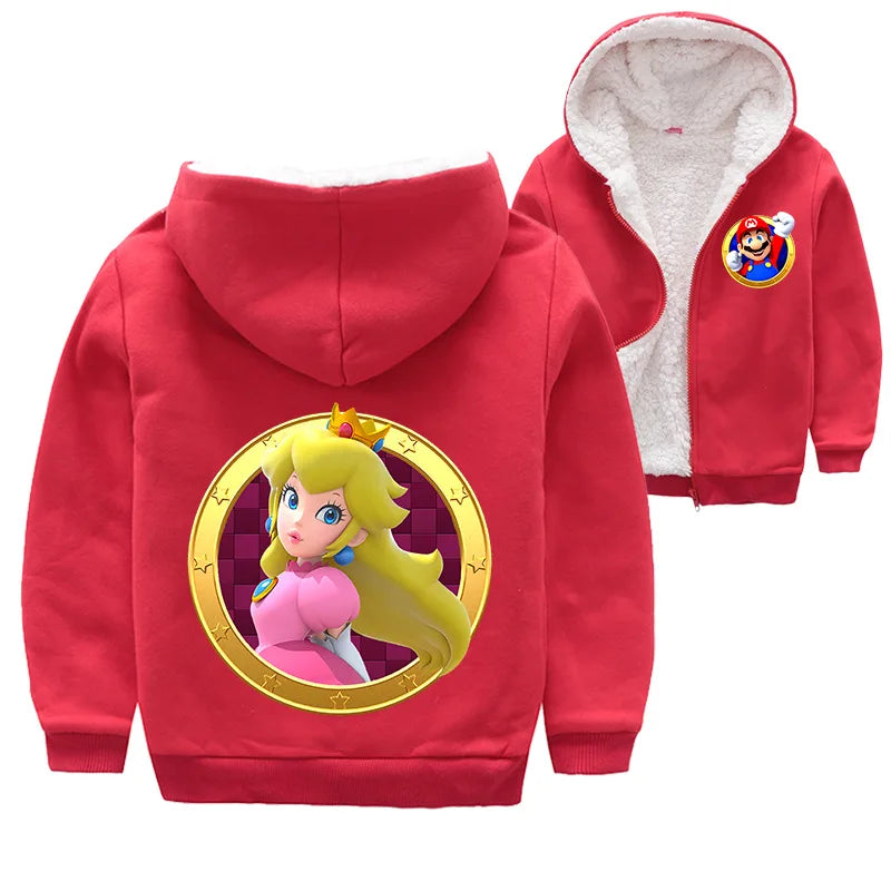 Mario Game Anime Peripheral Children's Clothing Warm Jacket Thickened Velvet Hooded Zipper Cardigan Coral Velvet Winter Coat