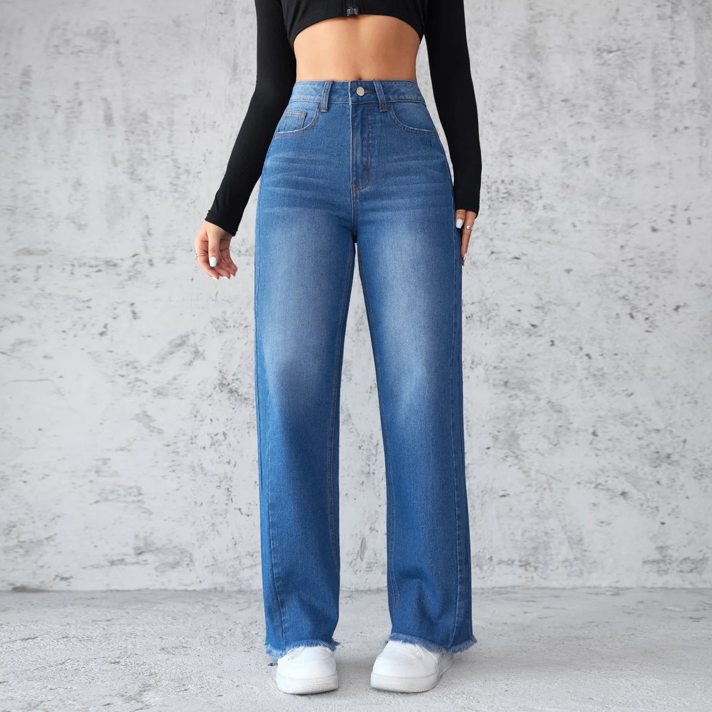 Washed Distressed Denim Straight Pants Vintage Women Jean Pockets High Waist Loose Fit Ankle Length Wide Leg Pants Basics