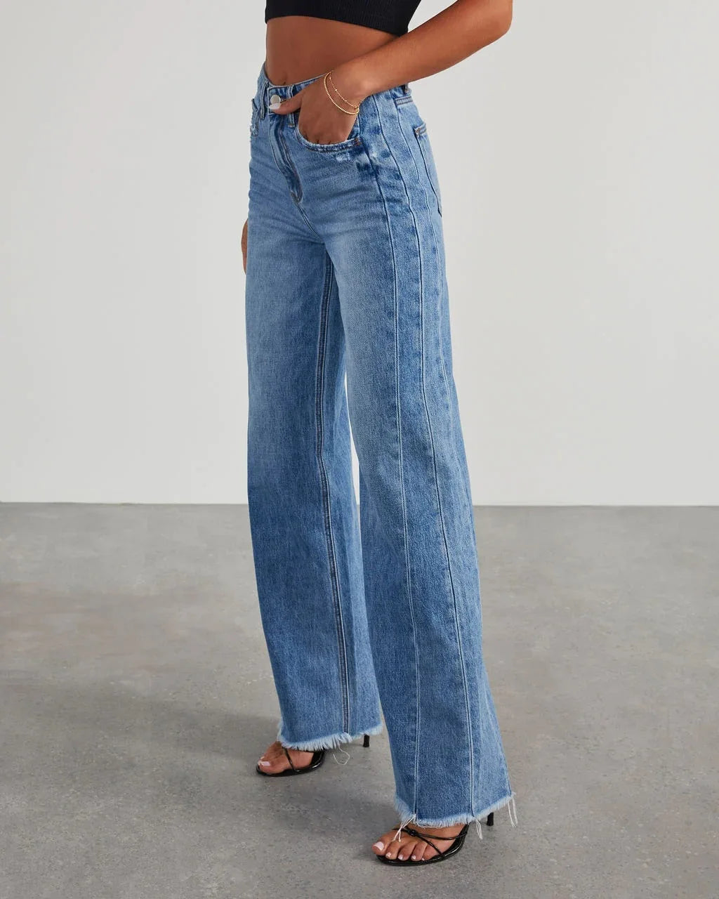 Spring Summer New Women's Clothing Solid Color Loose Wide Leg Side Seam Stitching Frayed Hem Jeans