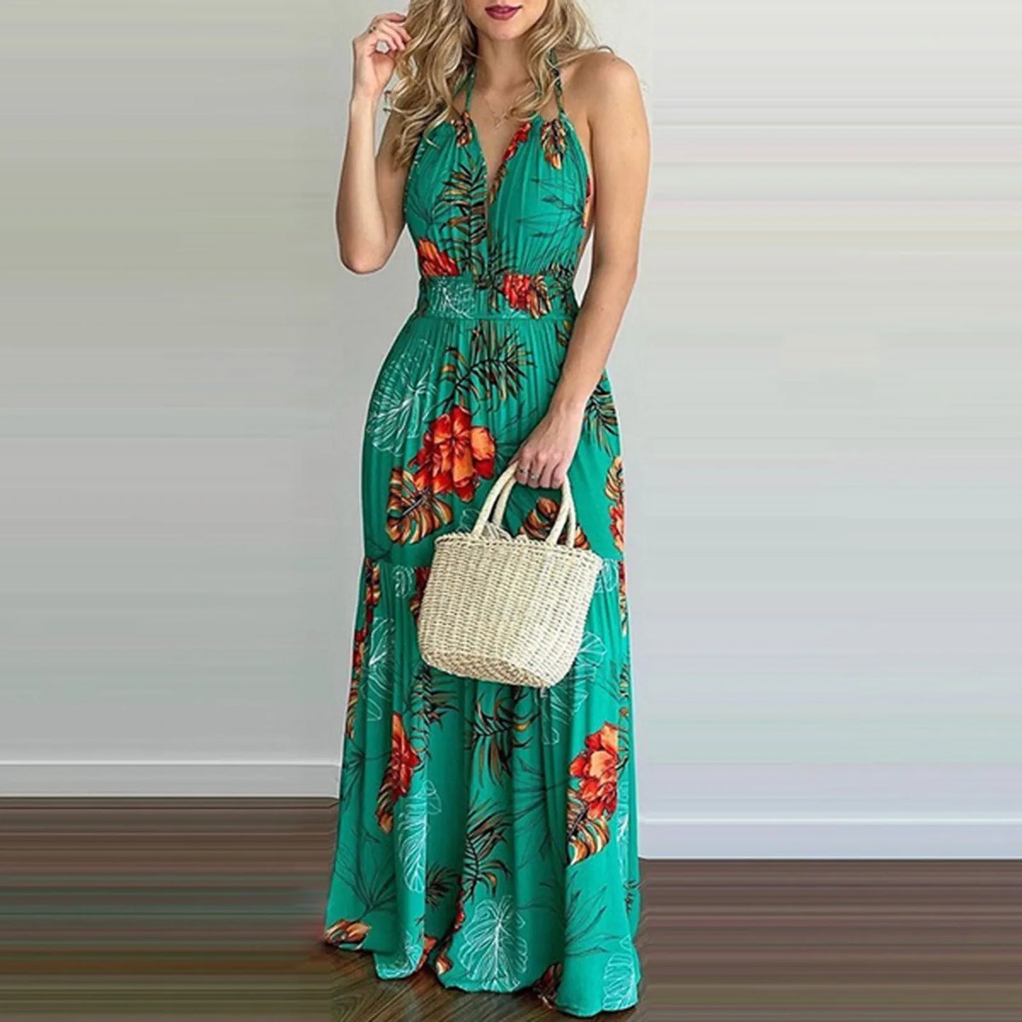 Summer Sexy Pleated Spaghetti Strap Long Dress Women