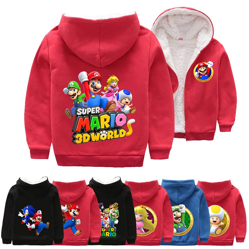 Mario Game Anime Peripheral Children's Clothing Warm Jacket Thickened Velvet Hooded Zipper Cardigan Coral Velvet Winter Coat