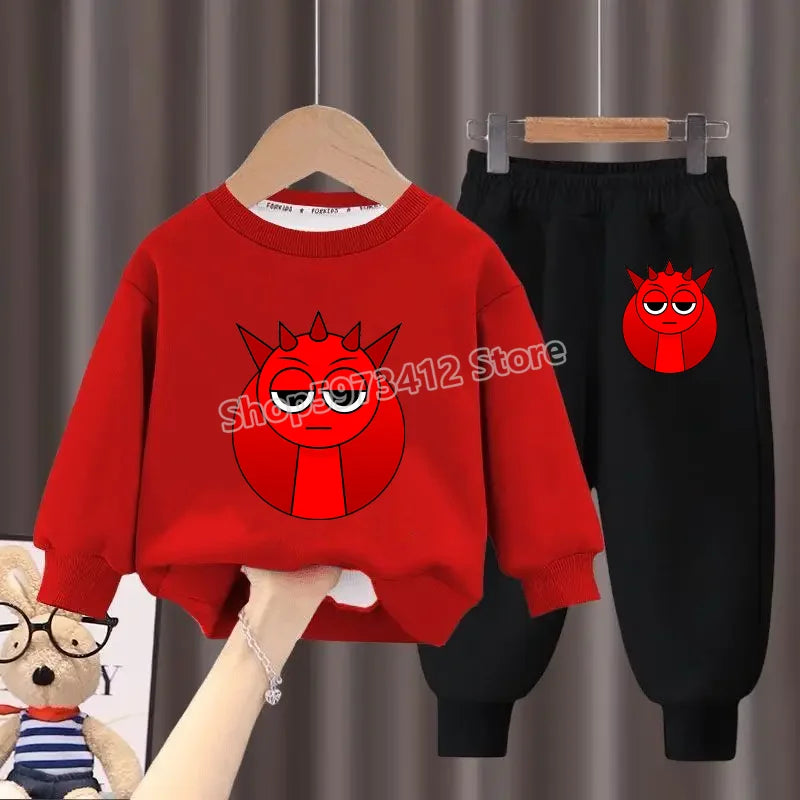 Sprunki Childrens Printing Top Long-sleeved Loose Clothes Suit  Anime O-neck Pullover Crewneck Autumn Winter Warm Sweatshirt Set