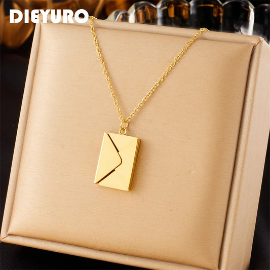 DIEYURO 316L Stainless Steel Gold Color Envelope Pendant Necklace For Women Fashion New Party Gift Neck Chain Jewelry Colar