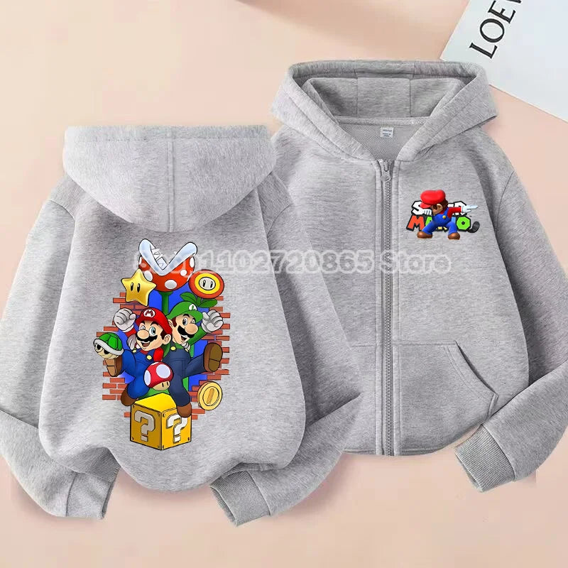 Super Mario Coat Cute Cartoon Game Cardigan Boys Girls Spring Autumn Thin Fashion Harajuku Hooded Zipper Sweatshirt Kids Gift