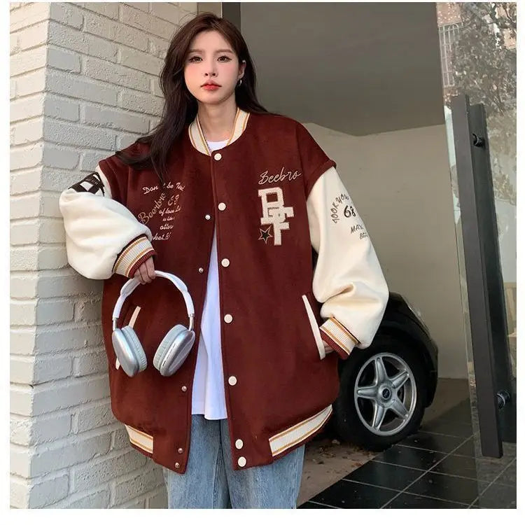 American Retro Preppy Style Baseball Jacket Plush Thick Blazers Women Autumn Winter New Student Harajuku Cardigans Hooded Coat