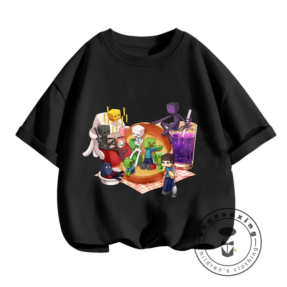 2024 Summer Minecraft Print Children Cotton T Shirts Cartoon Game Boys Girls Clothes Kids T-shirt Clothes For 3-13Y