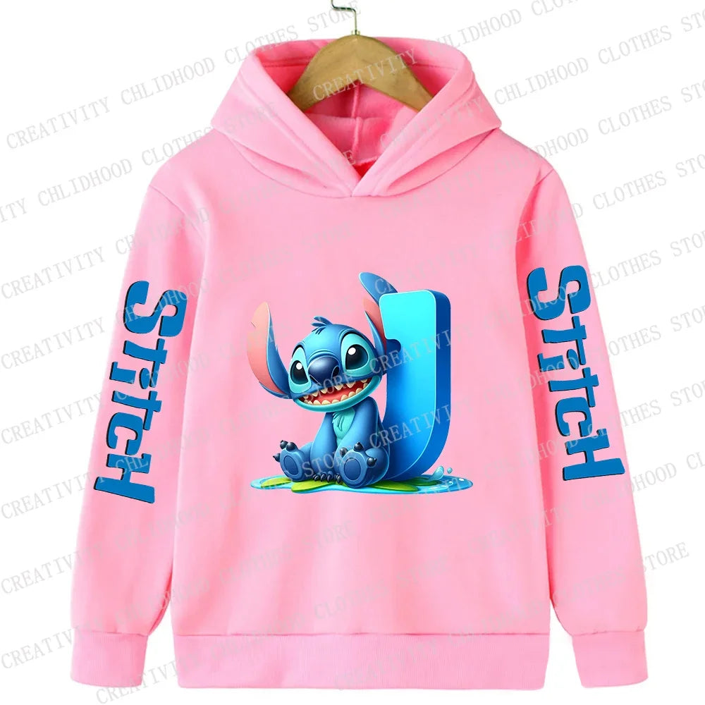 Stitch Children Hoodies 26 English Letters ABCD Kids Winter Pullover Casual Clothes Kid Girl Boy Cartoon Kawaii Tops Sweatshirts