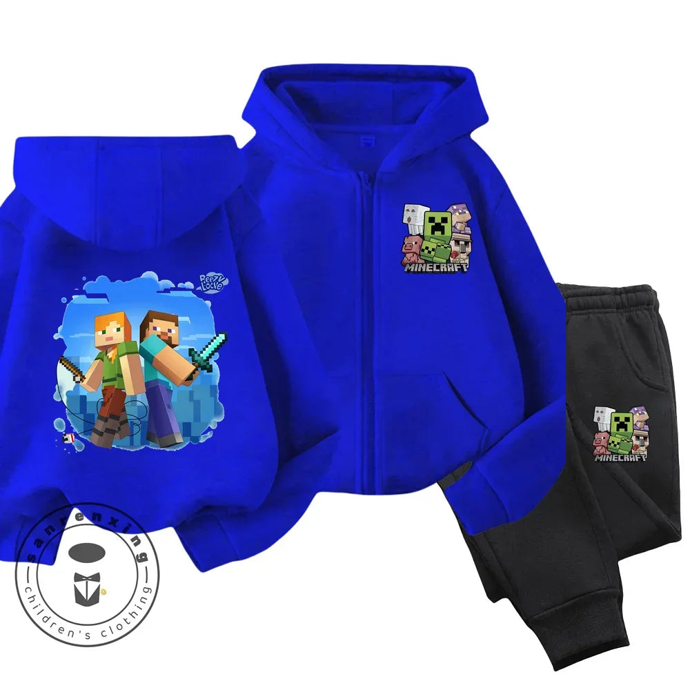 Melody Anime Printed Boy's and Girl's Minecraft Hoodies Zipper Set Casual Sports Fashion Top,Pants for Ages 3-14