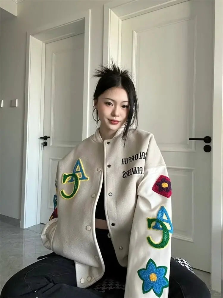 Retro American Embroidered Baseball Uniform Tide Ins Autumn And Winter Korean Version Of Loose Women's Jackets Sweet Coat Women