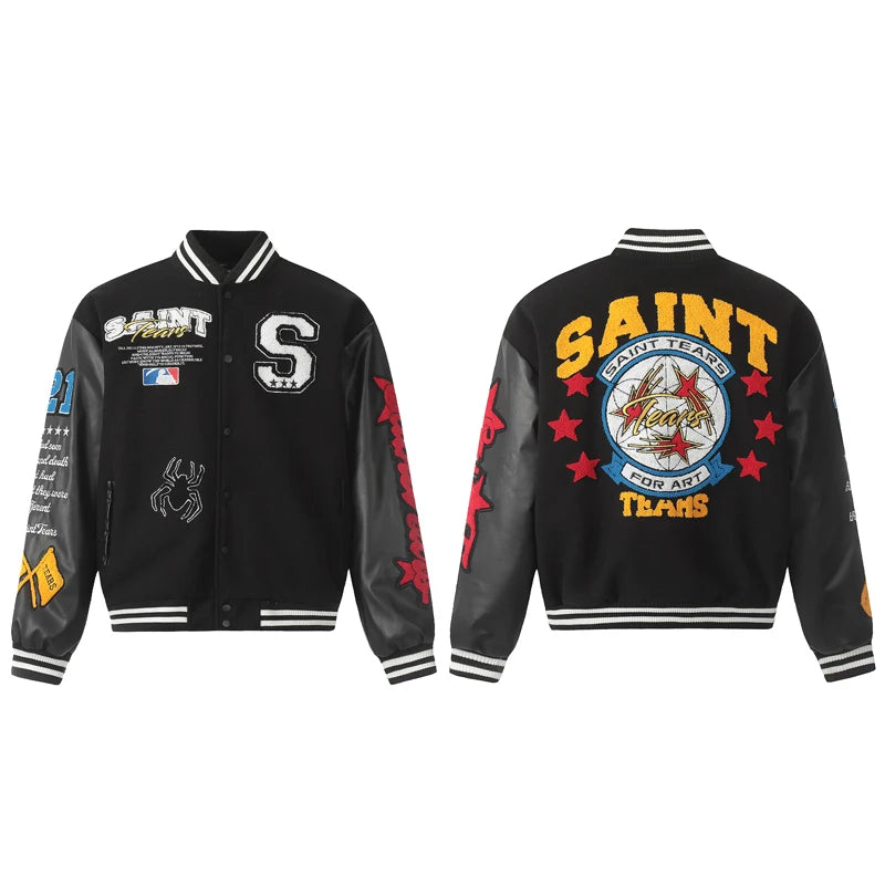 Saint Jackets High Street Embroidered Letter-split Leather Baseball Jacket Fall Winter Thickened Loose Coat Men Women