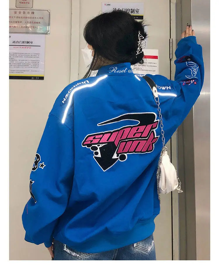 Button embroidery stitching racing suit ins tide brand baseball uniform retro fashion blue jacket jacket couple sportswear hot