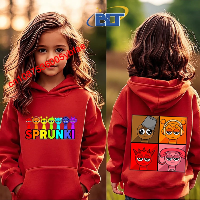 Cartoon Sprunki printed children's clothing kids hoodie red sports sweater casual tops for girls