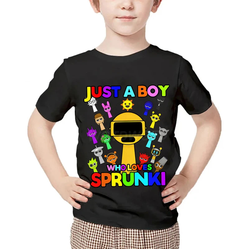 Just A Boy Who Loves Sprunki Kids T-shirt Horror Game Character TShirts Short Sleeve Tops Sprunki Boys Girls Fashion Streetwear