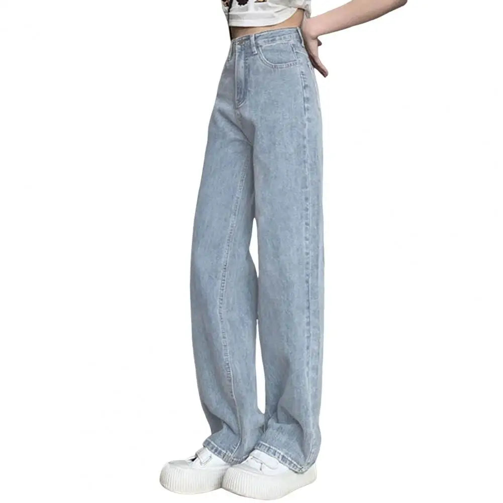 Women Jeans High Waist Button Zipper Closure Vintage Loose Fit Pockets Straight Wide Leg Streetwear Pants Daily Wear Long Trouse