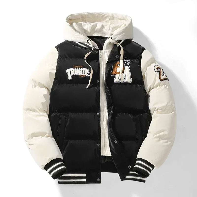 Winter Baseball Jacket 2024 New Embroidered Design Youth Coat Outdoor Fake 2-piece Men's Sports Hooded Cotton Jacket Plus Size