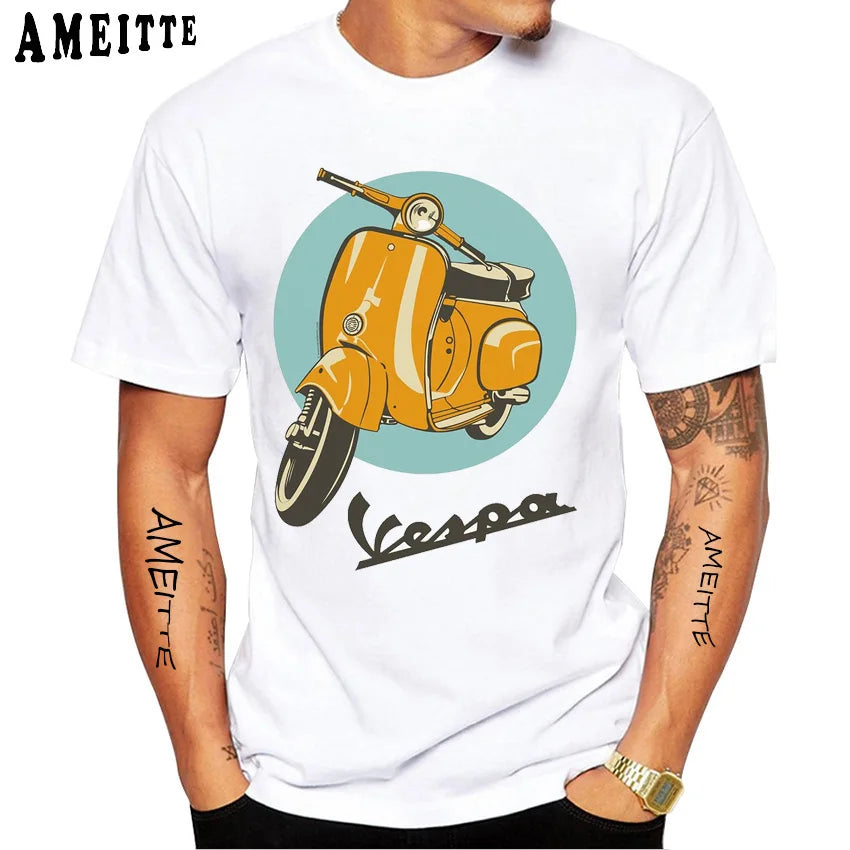 New Summer Men's Short Sleeve Retro Classic Vespa Italy Scooter Art Print T-Shirt Hip Hop Boy Casual White Tops Vintage Man Tees