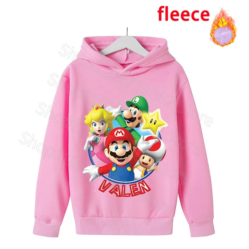 Super Mario Bros Kids Clothes Princess Peach Luigi Fleece Sweatshirts Cartoon Game Character Pattern Long Sleeves Baby Show Gift