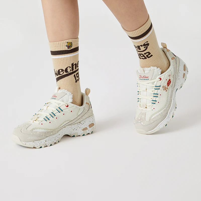 Skechers Shoes for Women "D'LITES 1.0" Dad Shoes, Retro Christmas Gingerbread Shoes Cashmere Panda Chunky Sneakers