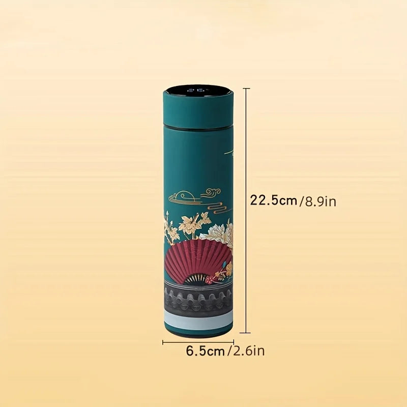 1pc Chinese Style Thermal Water Bottle, Retro Smart Temperature Display Insulated Cup, Stainless Steel Water Cup