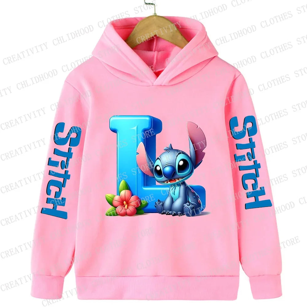 Stitch Children Hoodies 26 English Letters ABCD Kids Winter Pullover Casual Clothes Kid Girl Boy Cartoon Kawaii Tops Sweatshirts