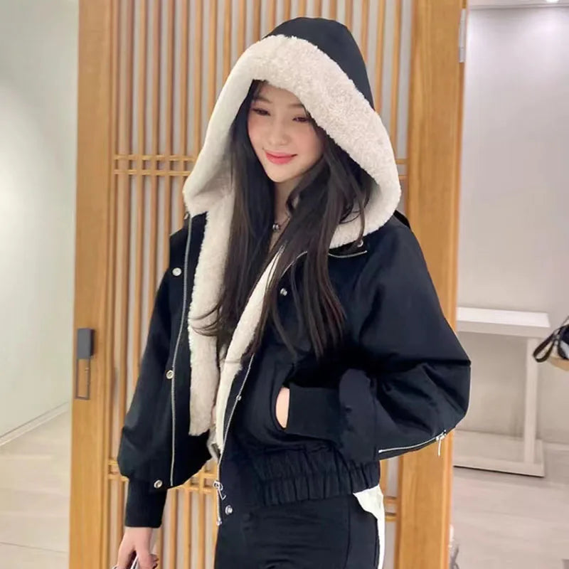 Lucyever Women's Fleece Winter Jackets Korean Loose Long Sleeve Hooded Short Parkas Coat Female 2023 New Chic Warm Plush Outwear