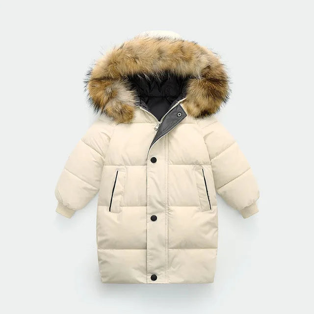 Kids Thicken Warm Down Coat Boys Winter Real Fur Hooded Long Parkas Girls Cotton Down Jackets Outerwears Teen Children Clothing