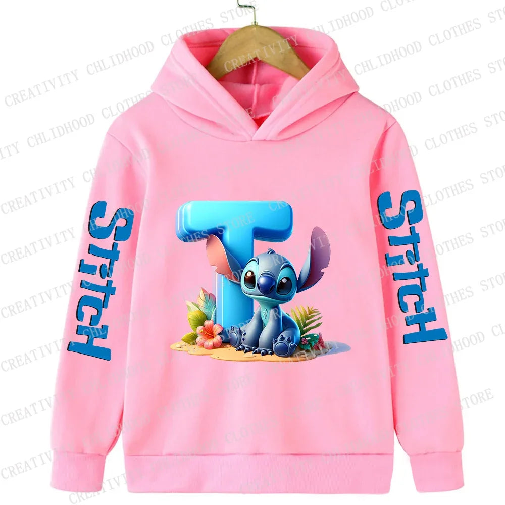 Stitch Children Hoodies 26 English Letters ABCD Kids Winter Pullover Casual Clothes Kid Girl Boy Cartoon Kawaii Tops Sweatshirts