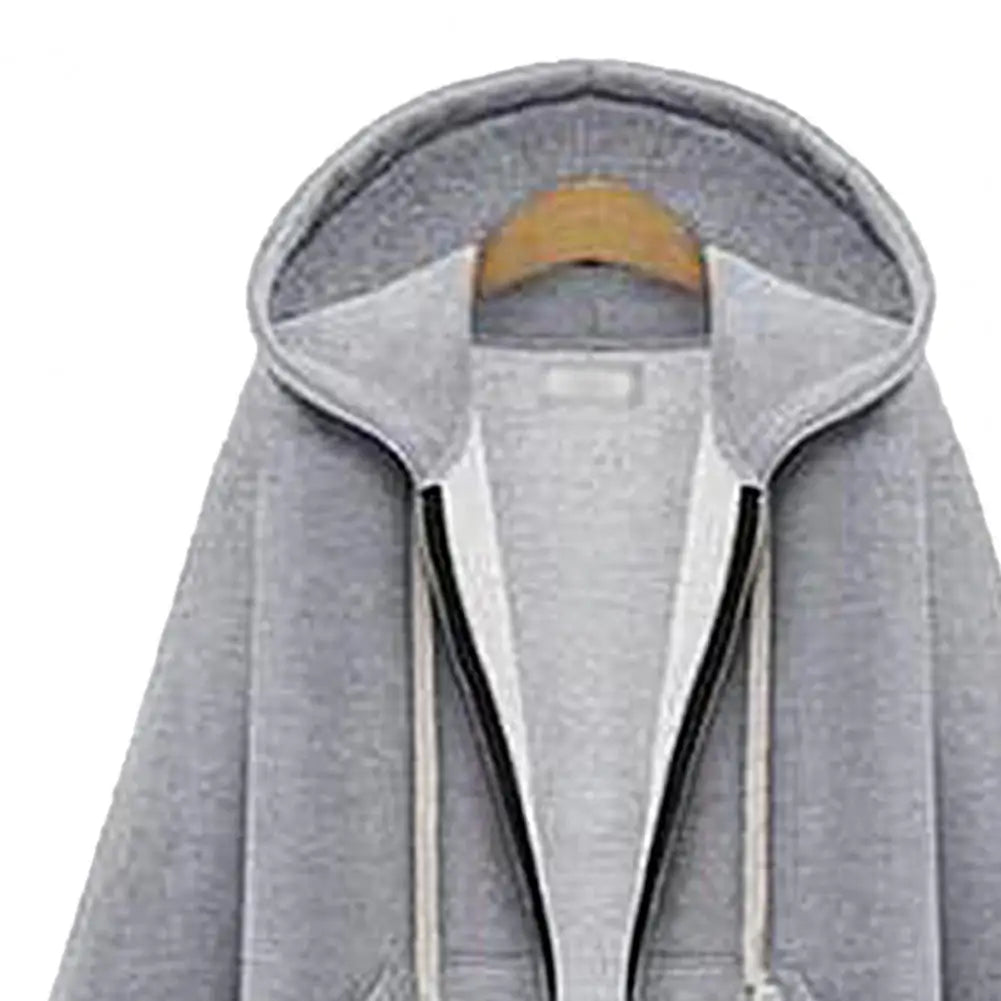 Solid Color Side Pockets Jacket Hoodie Long Sleeve Zipper Closure Drawstring Hooded Sweatshirt Ladies Clothing