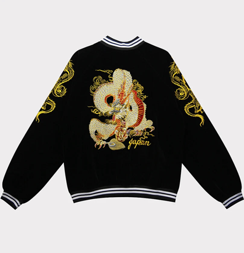 Unisex Spring Autumn Velveteen Baseball Jacket Men Women Luxury Sukajan Dragon Embroidery Bomber Coat Japanese 2024