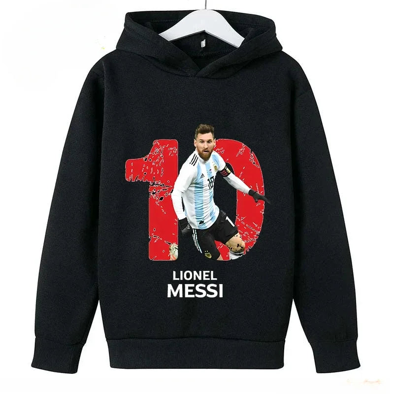 2024 Children's Sports Hoodies Spring and Autumn Children's Wear Pullover Casual Boys and Girls Black Tops Messi Print 4T-14T