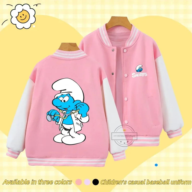 Smurfs Anime Men and Women's Casual Fashion Sports Baseball Jacket Cardigan Sweatshirt Jacket 3-14 Years Old Autumn