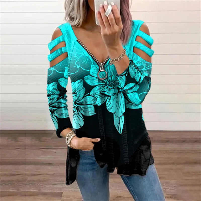 Cold Shoulder T-shirt Ladies Long Sleeve Blouse Tunic Tops High Quality Clothing