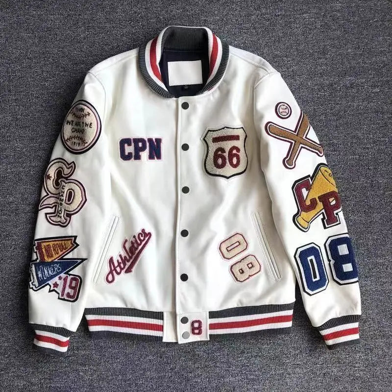 Men's Spring Autumn baseball uniform Retro Trend Men Leather Jacket heavy industry Embroidery white short Coat ins hot sale