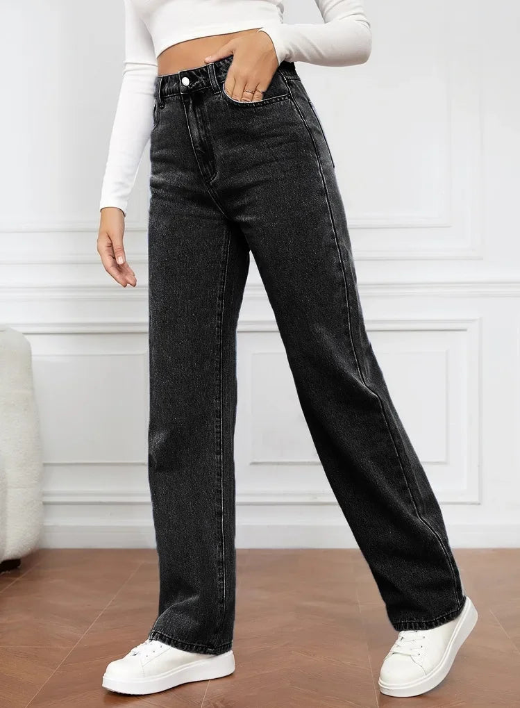 Women Jeans Straight Pants Denim Washing High Waist Loose Fit Pockets Basics Ankle Length Pants Solid Color Slight Strech