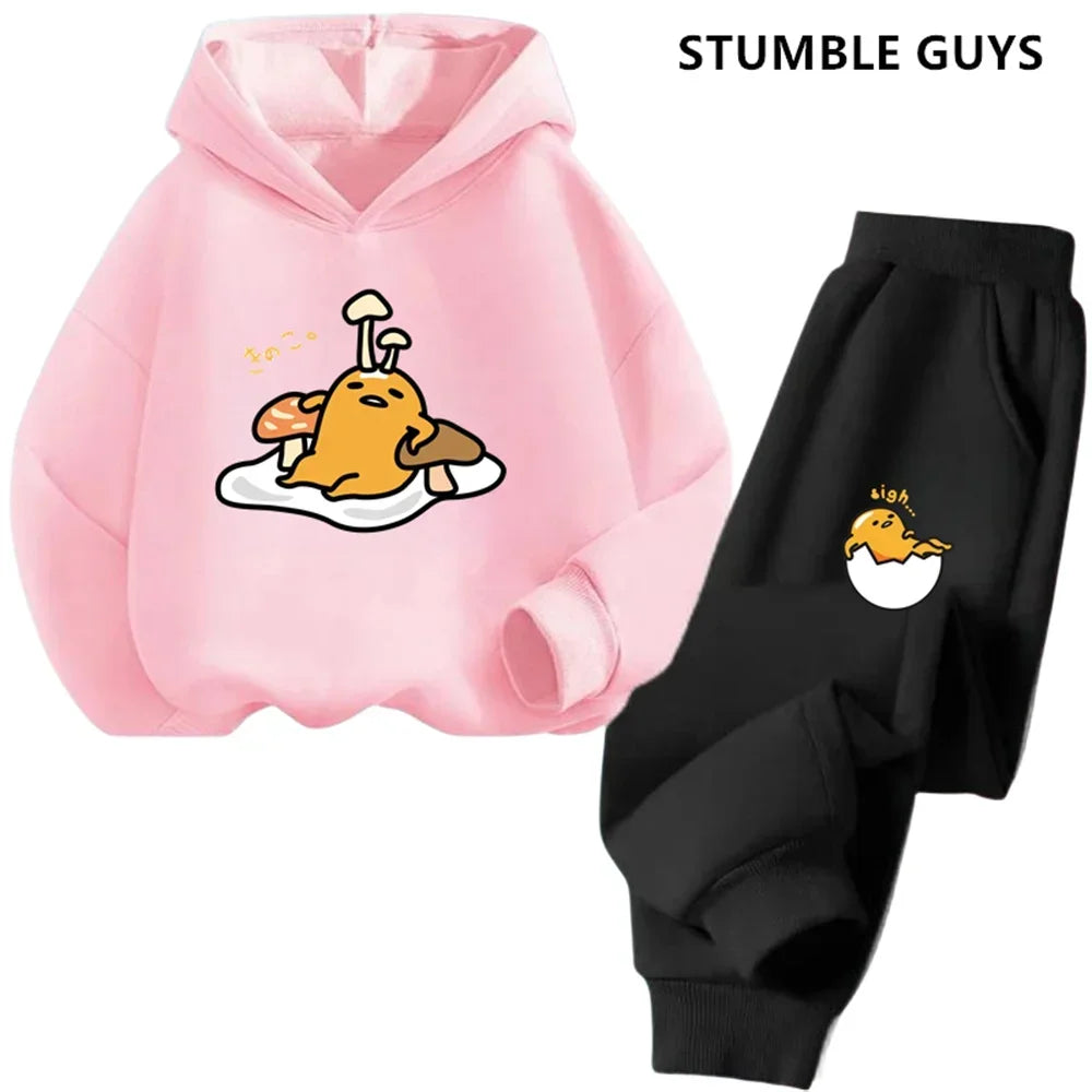 Gudetama Trucksuit Cartoon Boys and Girls 3-14 Years Old Kawaii Street Casual Sweatshirt Children's Outdoor Sports Hoodie Set