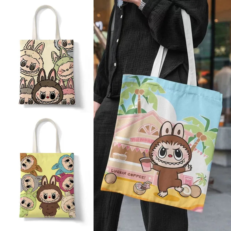 Lisa Same Labubu Canvas Bag Female Cute Cartoon Shopping HandBag College Casual Shoulder Anime Tote Bag For Women FJ07B