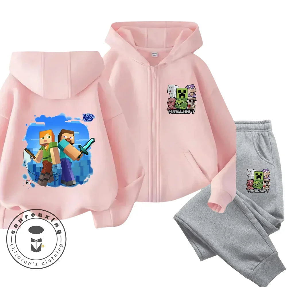 Melody Anime Printed Boy's and Girl's Minecraft Hoodies Zipper Set Casual Sports Fashion Top,Pants for Ages 3-14