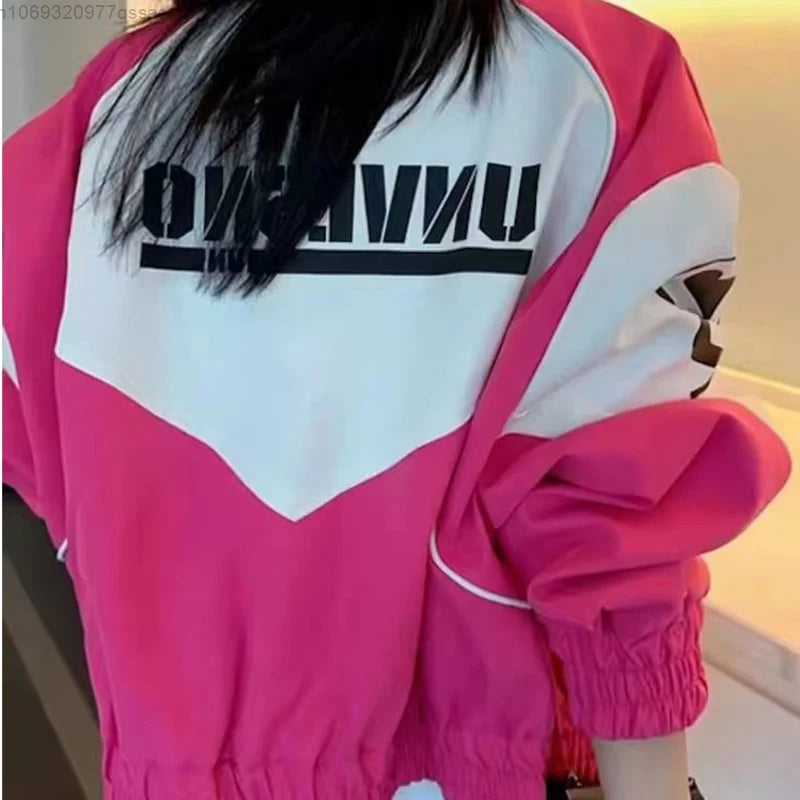 Amerikansk retro hot pink patchwork racerjakke til kvinder Y2k lynlås 2023 Ny løs oversize fit Casual bomberjakke frakke