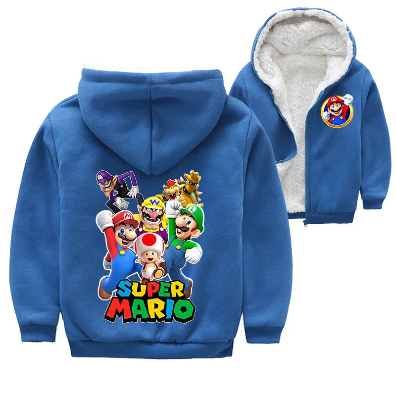 Mario Game Anime Peripheral Children's Clothing Warm Jacket Thickened Velvet Hooded Zipper Cardigan Coral Velvet Winter Coat