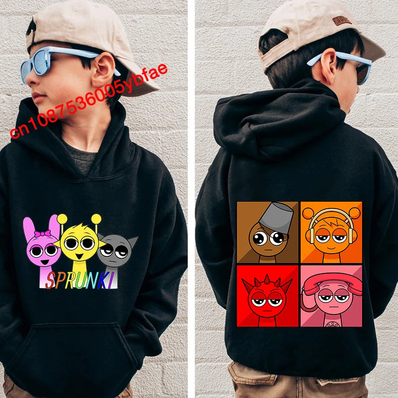 Cartoon Sprunki print kids hoodie black sports sweater casual children's clothing for boys