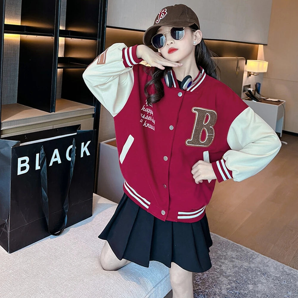 Spring Fall New Girls Baseball Jacket Fashion Splicing Teen Kids Outerwear Loose Casual School Children Clothing 10 12 14 Years