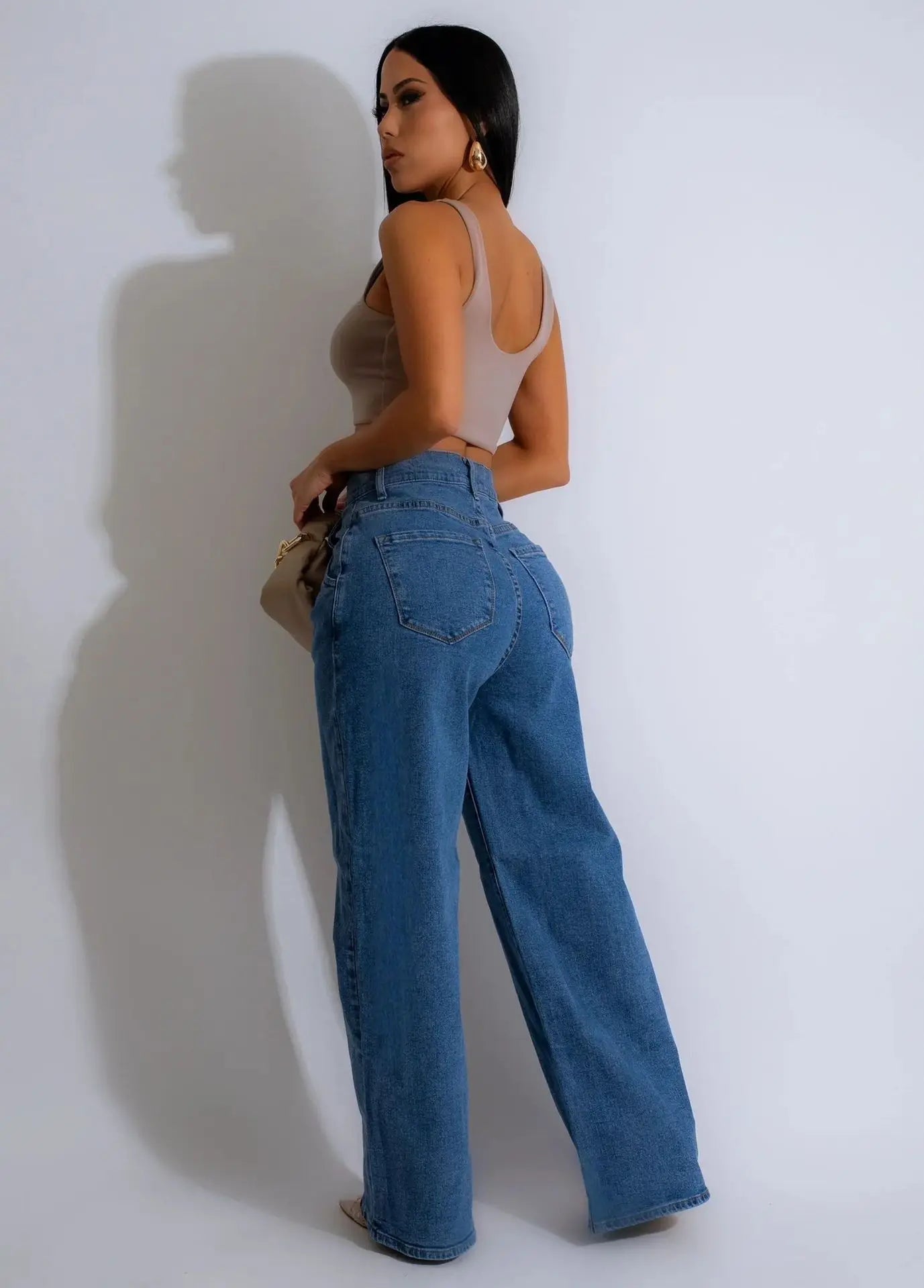 Jeans Women Long Pants Denim Wide Leg Pant Slim Fit Casual Y2k Streetwear Button Pocket High Waist Elegant Straight Trousers