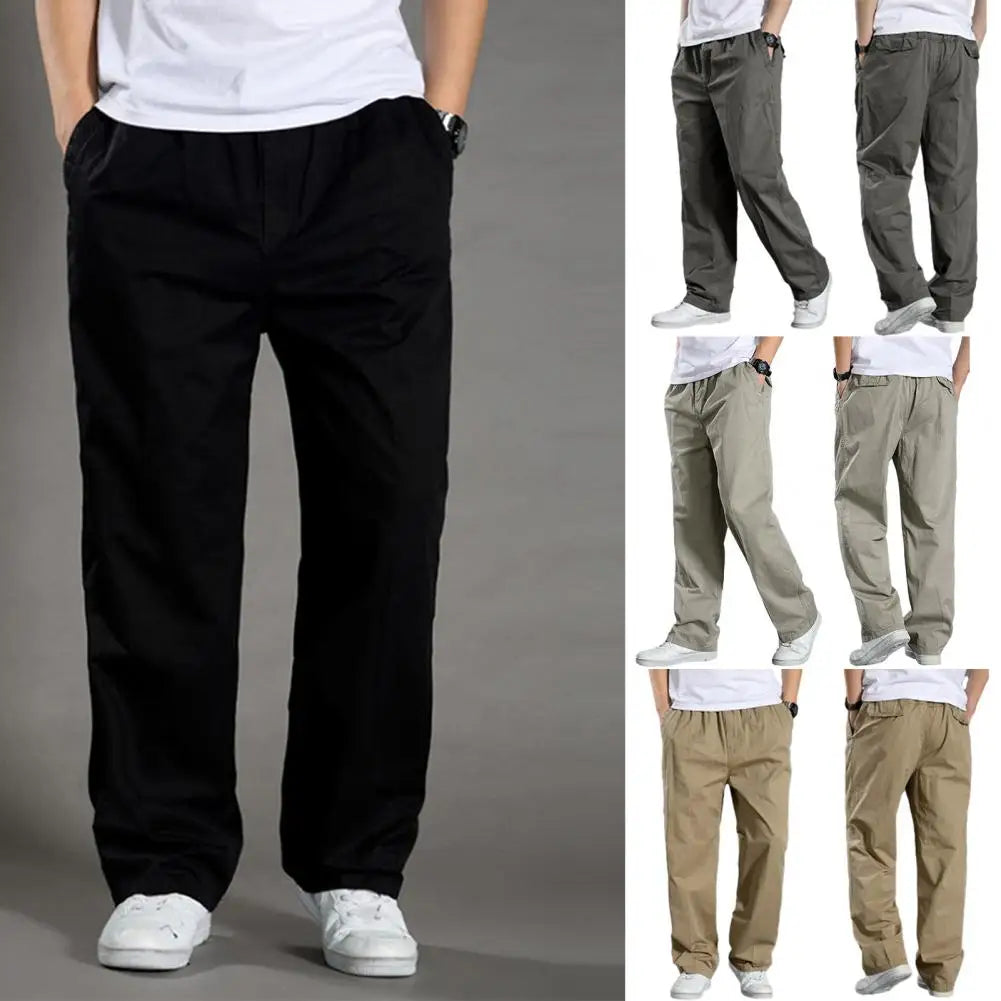 Men Cargo Pants Spring Fall Elastic Waist Drawstring Casual Pants Loose Large Pocket Male Straight Wide Leg Trousers