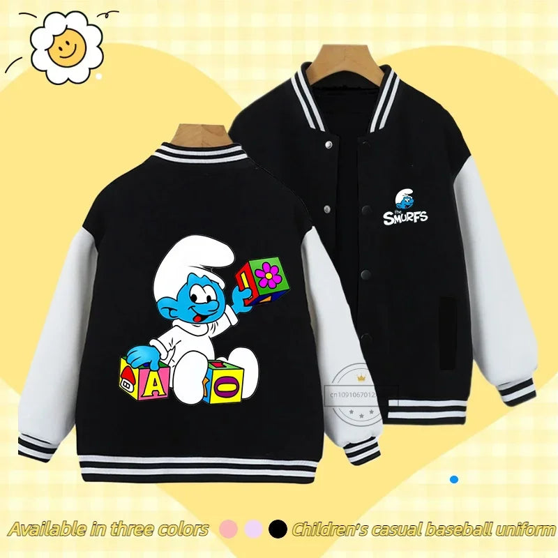 Smurfs Anime Men and Women's Casual Fashion Sports Baseball Jacket Cardigan Sweatshirt Jacket 3-14 Years Old Autumn