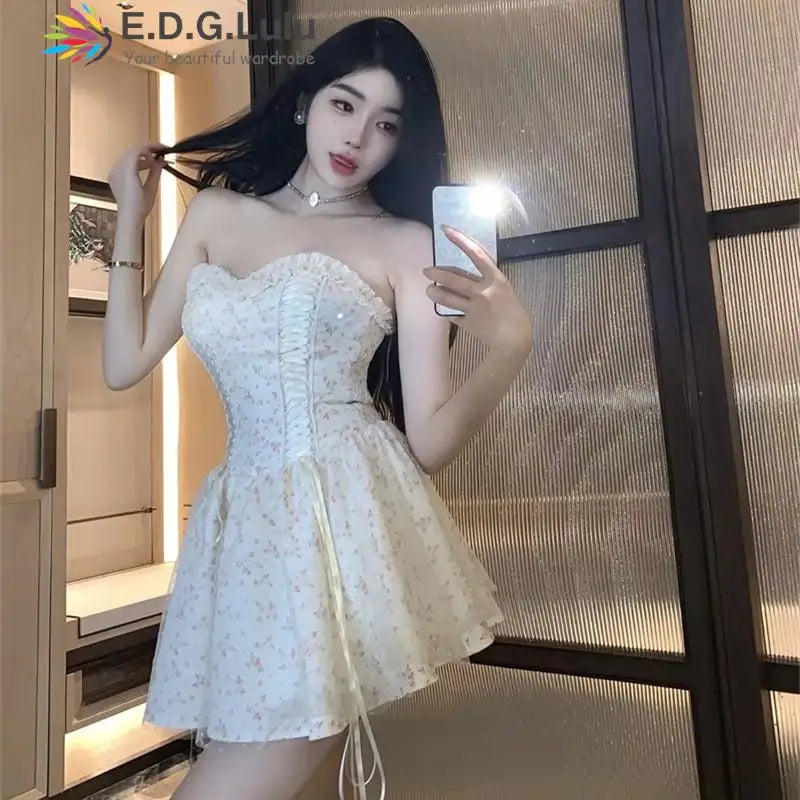 EDGLuLu Summer Vacation Outfits Woman 2024 Strapless Drawstring Lace-Up