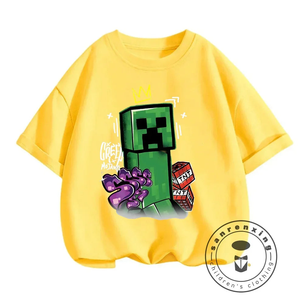 2024 Summer Minecraft Print Children Cotton T Shirts Cartoon Game Boys Girls Clothes Kids T-shirt Clothes For 3-13Y