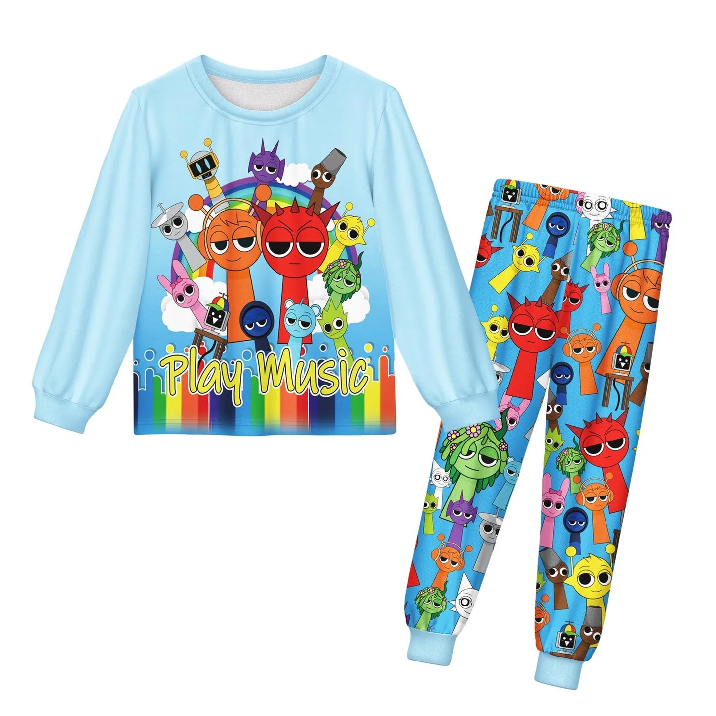 Sprunki Pajama Sets Kids Cartoon Incredibox Clothes Toddler Boys Daily Nightgowns Baby Girls Long Sleeve T Shirt+Pants 2pcs Sets