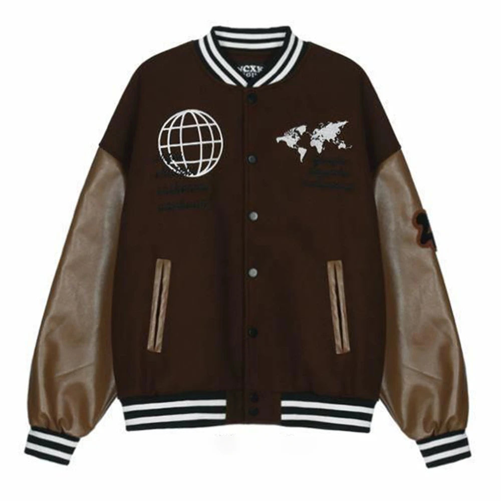 Autumn And Winter American Retro Baseball Jacket Men Letter Globe Embroidered Patchwork Casual Leather Sleeve Pilot Loose Jacket