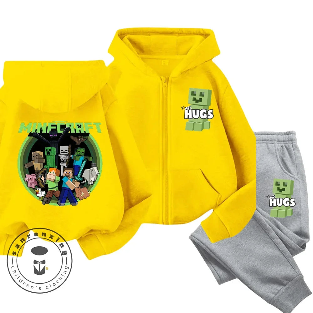 New Disney Minecraft Printed Pattern Children's Zipper Hoodie Set Cute Girls' and Boys' Casual Sports Hoodie Set Campus Style